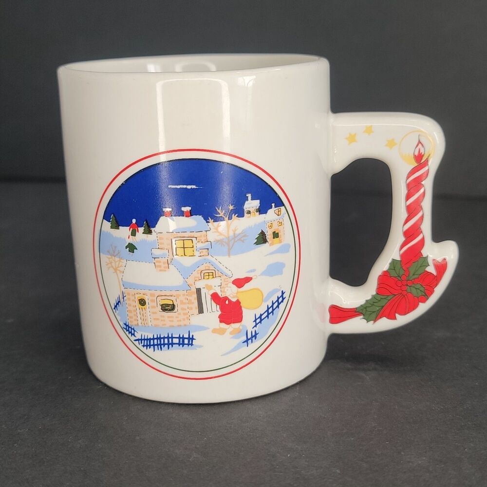 VTG Christmas Mug Unique Holly Berry Handle Ceramic Winter Village Snow Scene 3D